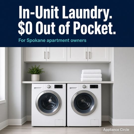 Modern apartment laundry nook with a matching white washer and dryer